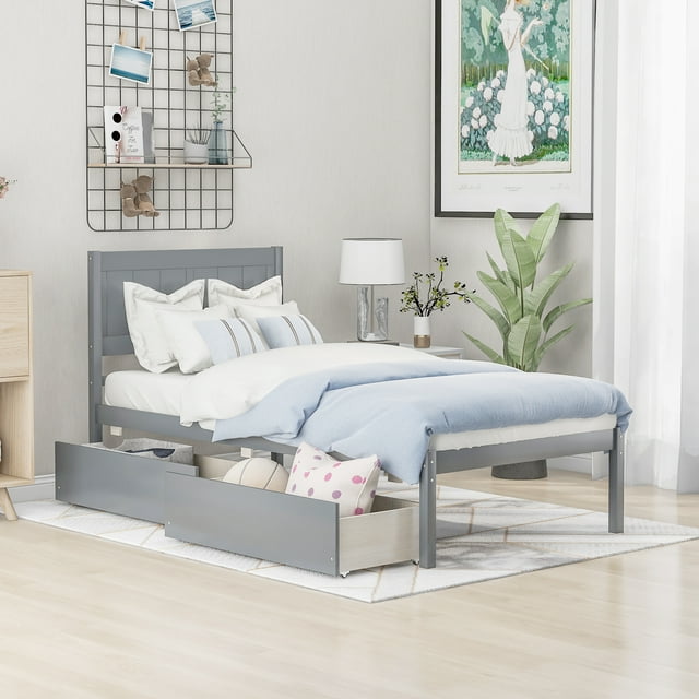 Kids Twin Bed Frame, Elegant Wood Bed Frame with 2 Drawers, Solid Wood Platform Bed with Solid Pine Wood Headboard, Wood Slat Support Mattress Foundation, 275lb Capacity, White, SS969