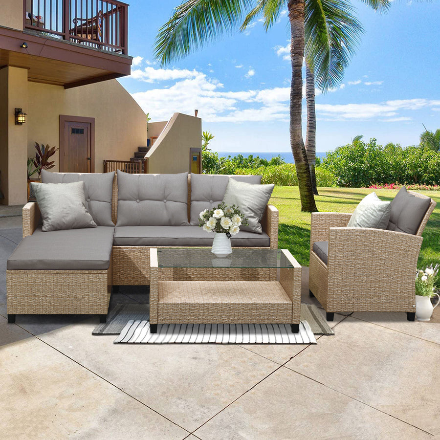 Patio Furniture Set Clearance, 4 Piece Patio Furniture Sets with Loveseat Sofa, Lounge Chair, Wicker Chair, Coffee Table, All-Weather Patio Sectional Sofa Set with Cushions for Backyard Garden Pool