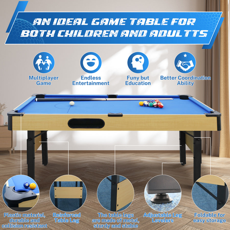 Segmart 6 FT Billiards Table, Portable Pool Table with Automatic Ball Return System for Families, Easy Folding for Storage, Classic Blue Nylon Cloth, Includes Balls, Cues, Felt Brush, Blue