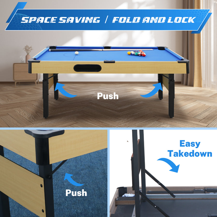 Segmart 6 FT Billiards Table, Portable Pool Table with Automatic Ball Return System for Families, Easy Folding for Storage, Classic Blue Nylon Cloth, Includes Balls, Cues, Felt Brush, Blue