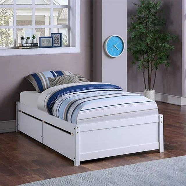 Platform Bed, Twin Mattress Foundation Bed Frame with 2 Drawers, Elegant Twin Size Wood Kids Bed Frame for Kids Room, No Box Spring Needed / Wood Slat Support, 79.5''L*41.75''W*15.6''H, White, SS1296