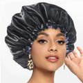 Segmart 2 Pieces Satin Bonnet for Sleeping, Breathable Soft Elastic Band Silk Bonnet for Black Women Natural Hair Care, Reversible Double Layer Large Sleep Cap, Included Silk Scrunchy, Black & Blue