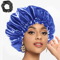 Segmart 2 Pieces Satin Bonnet for Sleeping, Breathable Soft Elastic Band Silk Bonnet for Black Women Natural Hair Care, Reversible Double Layer Large Sleep Cap, Included Silk Scrunchy, Black & Blue