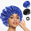 Segmart 2 Pieces Satin Bonnet for Sleeping, Breathable Soft Elastic Band Silk Bonnet for Black Women Natural Hair Care, Reversible Double Layer Large Sleep Cap, Included Silk Scrunchy, Black & Blue
