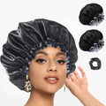 Segmart 2 Pieces Satin Bonnet for Sleeping, Breathable Soft Elastic Band Silk Bonnet for Black Women Natural Hair Care, Reversible Double Layer Large Sleep Cap, Included Silk Scrunchy, Black & Blue