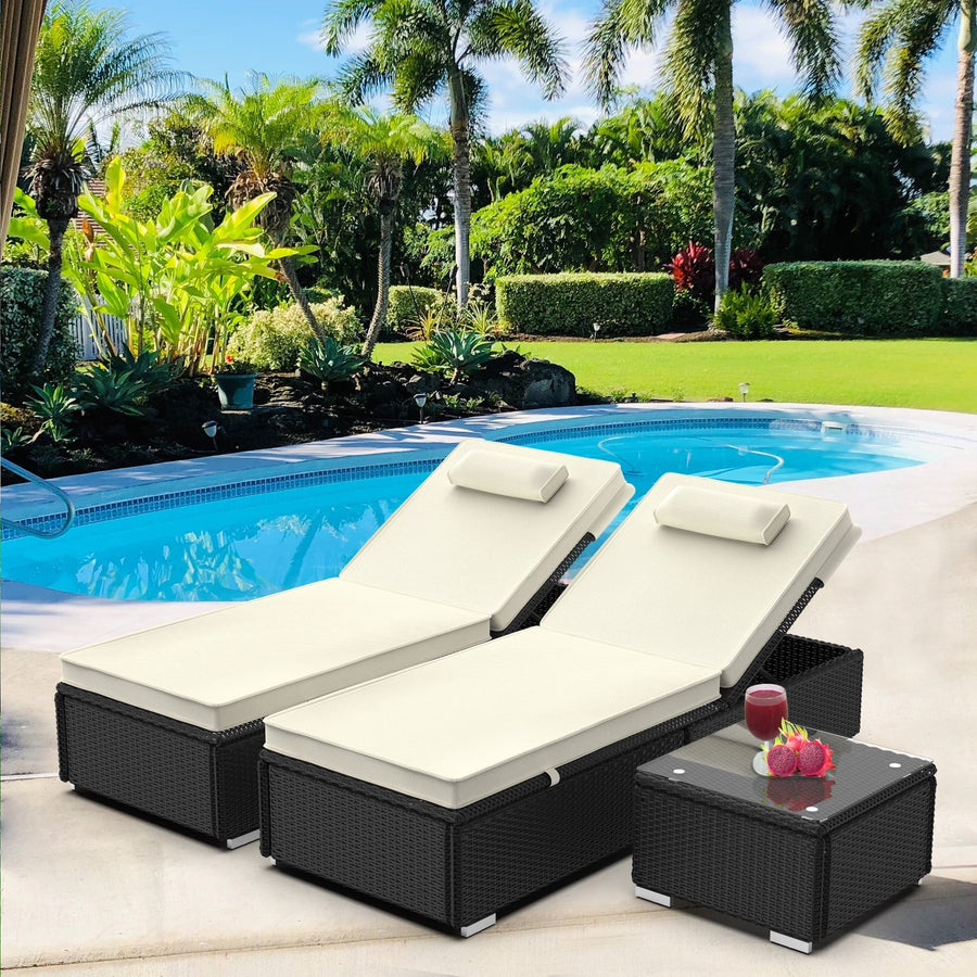 Segmart 3 Pieces Reclining Outdoor Patio Lounge Furniture Set, All-Weather Poolside Rattan Wicker Chaise Chairs Sets with Cushions & 2 Pillows, for Backyard Deck Porch Garden, Beige, SS2120
