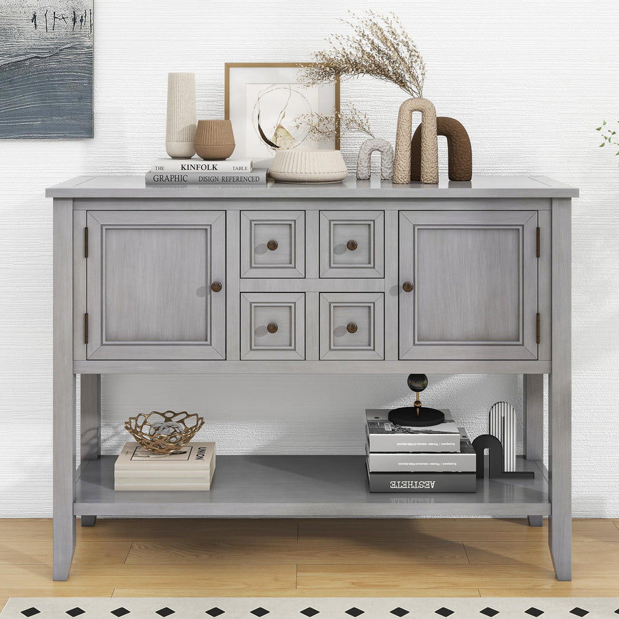 Segmart Console Table with 4 Storage Drawers, Wood Buffet Sideboard Desk with 2 Cabinets and Bottom Shelf, Retro Wood Console Table Storage Cabinet for Dining Room Entryway, Antique Gray