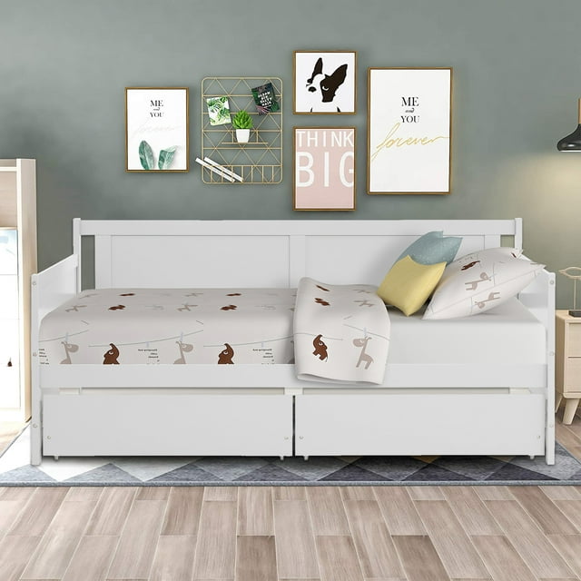 Segmart Twin Daybed Bed for Kid's Room, Farmhouse Style Solid Wood Twin Captain's Bed with 2 Storage Drawers, 200lbs, White