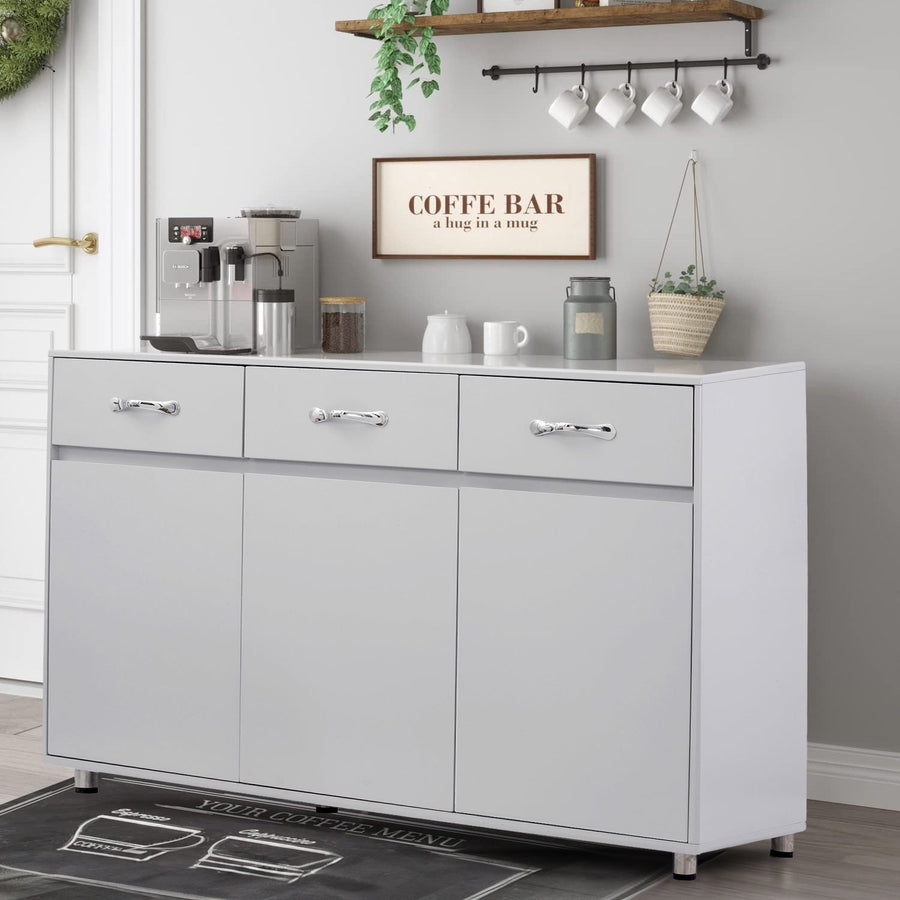 52'' X 15.7'' X 32'' Buffet Cabinet, Console Table with 3 Storage Drawers and 3 Cabinets, Kitchen Sideboard Table with Steel Tube Legs, White Console Table for Dining Room Furniture Cupboard, S1372
