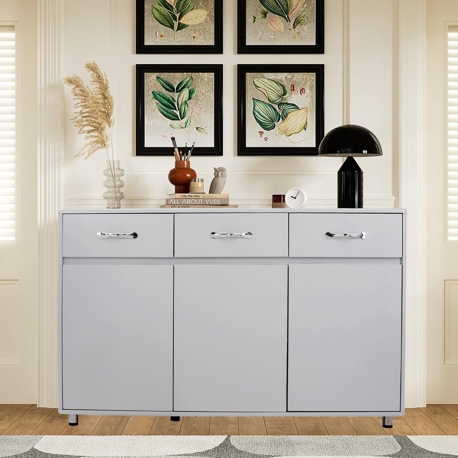Sideboard Cabinet, Console Table with 3 Storage Drawers and 3 Cabinets, Elegant Modern Bathroom Cupboard Table with Adjustable Steel Tube Legs for Kitchen Dining Room Furniture Cupboard, White, S1367