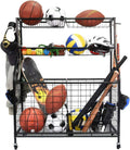 Segmart Sports Equipment Organizer for Ball Storage, Garage Storage Rack with Baskets and Hooks, Rolling Storage Cart for Storage Basketballs, Baseball Bats, Footballs, Tennis Rackets, Black, Steel
