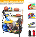 Segmart Sports Equipment Organizer for Ball Storage, Garage Storage Rack with Baskets and Hooks, Rolling Storage Cart for Storage Basketballs, Baseball Bats, Footballs, Tennis Rackets, Black, Steel