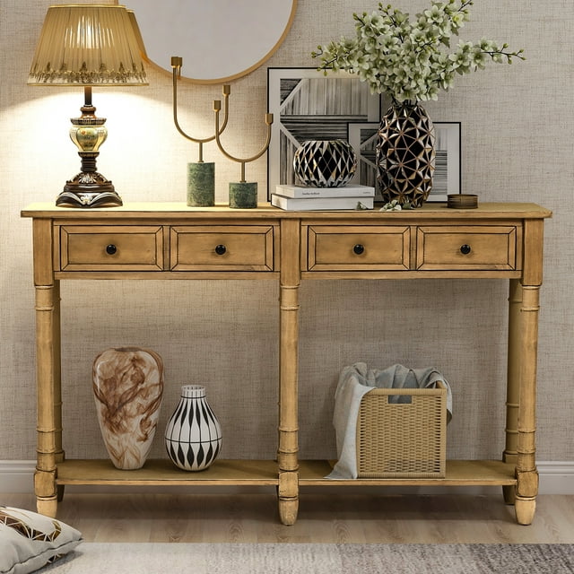 Tall Wood Console Table, Home Sofa Table with 2 Big Storage Drawers, Buffet Sideboard Desk w/Bottom Shelf, Retro Tall Console Table Accent Table for Entryway, Old Pine, 144lbs, SS1184