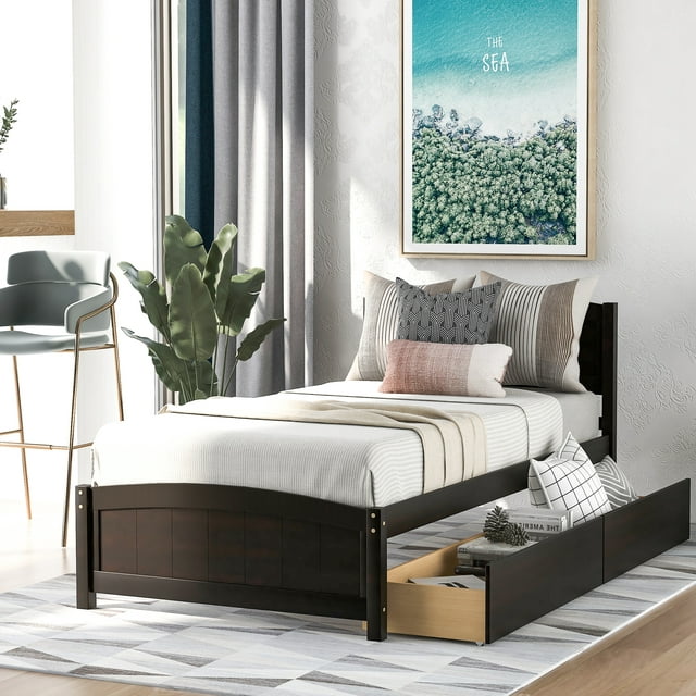 Twin Bed Frame with Drawers, Kids Platform Twin Bed with Storage, Solid Wood Bed Frame Mattress Foundation, Kids Bed Frame with Solid Pine Wood Headboard, No Box Spring Needed, SS932
