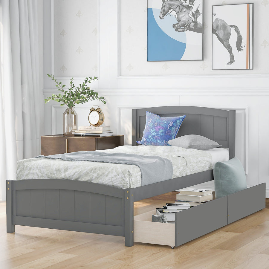Wood Twin Bed Frame, SEGMART Stylish Kids Platform Twin Bed with 2 Storage Drawers and Headboard, Bed Frame Mattress Foundation, Wood Slat Support for Teens, 275lbs, White, SS921