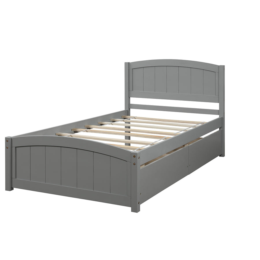 Twin Wood Bed Frame, Kids Platform Twin Bed with 2 Storage Drawers and Headboard, Platform Bed Frame Mattress Foundation with Wood Slat Support for Kids, Teens, White, SS914