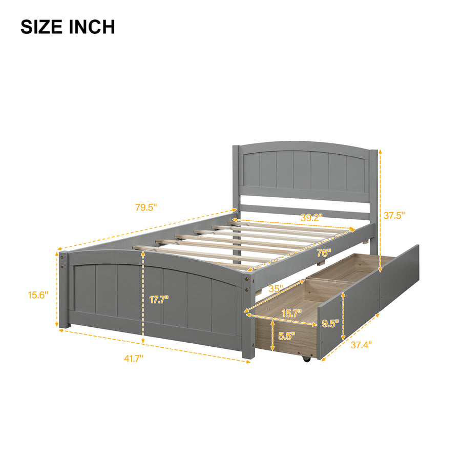Twin Wood Bed Frame, Kids Platform Twin Bed with 2 Storage Drawers and Headboard, Platform Bed Frame Mattress Foundation with Wood Slat Support for Kids, Teens, White, SS914