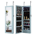 Wall Door Mounted Jewelry Armoire Cabinet with Full Length Mirror, 6 LEDs Lockable Jewelry Organizer Box with 2 Drawers, Bracelet Rod, Large Storage Capacity, Valentine's Day Gifts, Blue