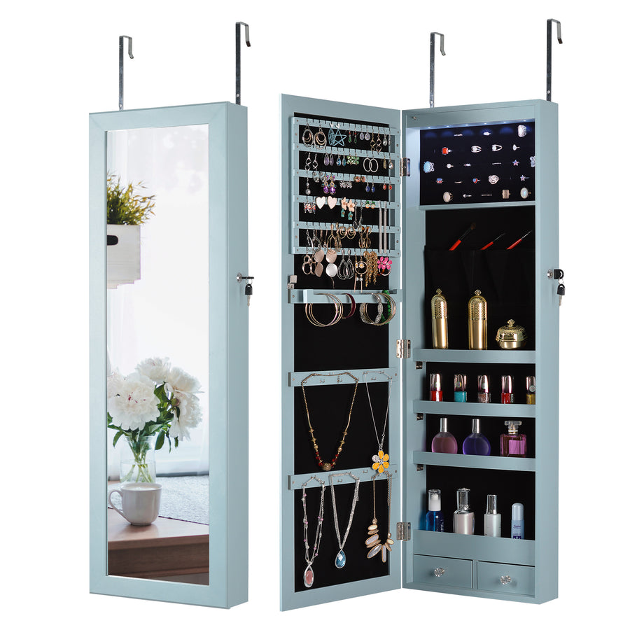 Wall Door Mounted Jewelry Armoire Cabinet with Full Length Mirror, 6 LEDs Lockable Jewelry Organizer Box with 2 Drawers, Bracelet Rod, Large Storage Capacity, Valentine's Day Gifts, Blue