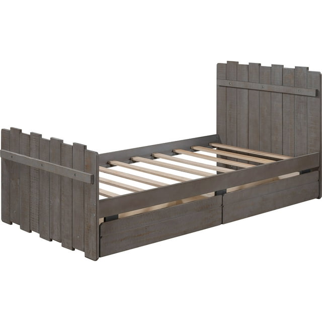 Wood Twin Bed Frame, SEGMART Stylish Kids Platform Twin Bed with 2 Storage Drawers and Headboard and Footboard, Bed Frame Mattress Foundation, Wood Slat Support for Teens, 300lbs, White, SS901