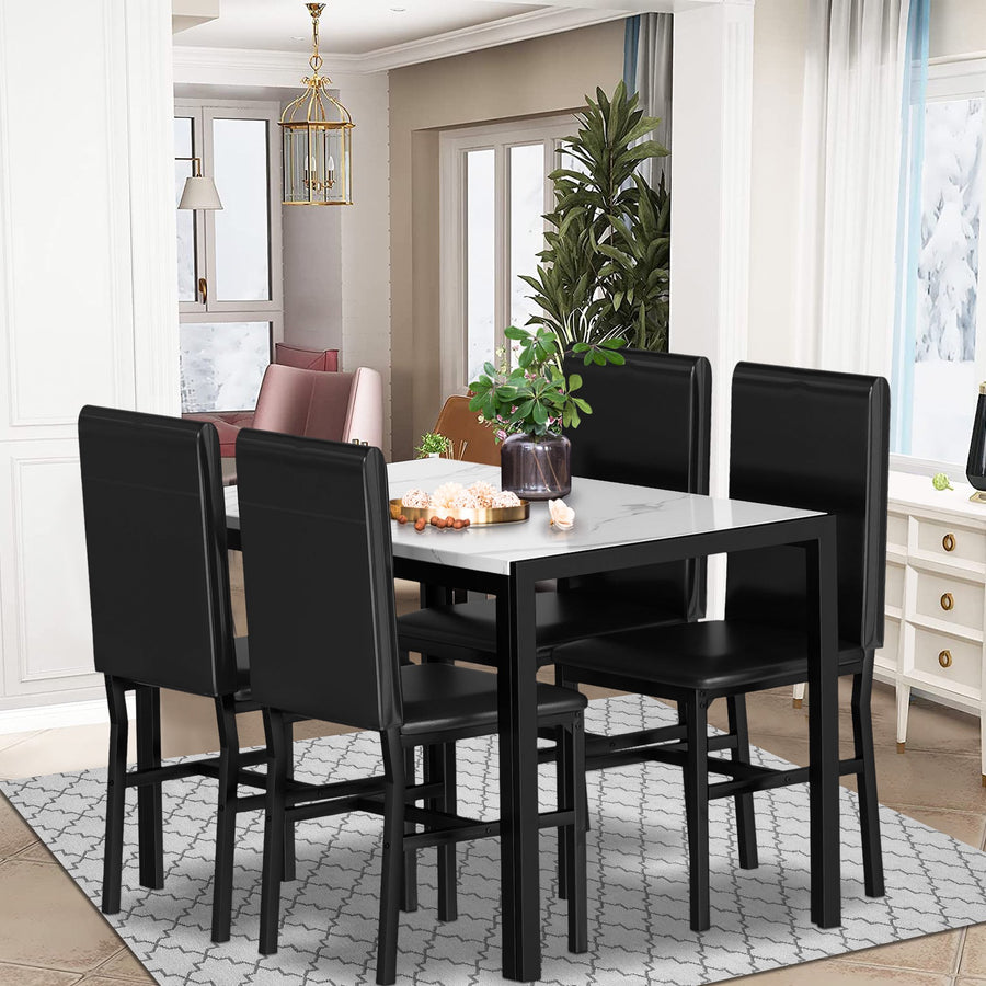5 Piece Modern Dining Table Sets, Metal Dinette Set Faux Marble Rectangular Breakfast Table with Metal Legs & Black Finish Frame, Dining Table & Chairs for Apartment or Breakfast Nook, SS1264