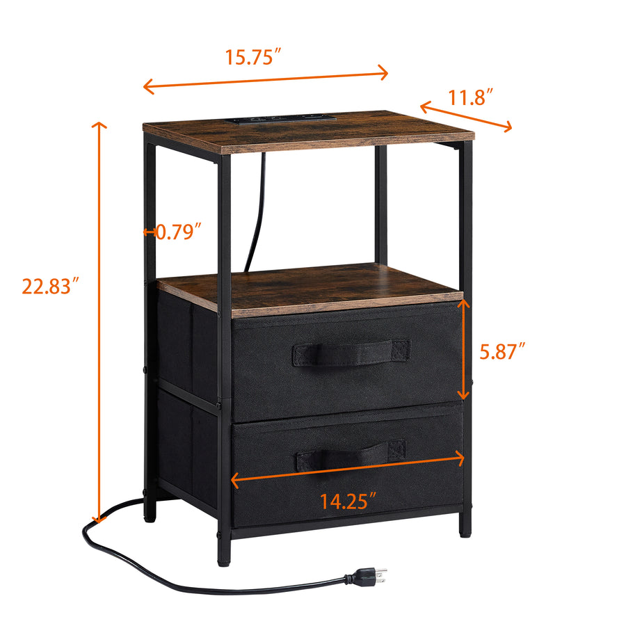 End Table with Charging Station & USB Ports, Side Table with 2 Drawers & Open Storage Shelf, Sofa Couch Table with Outlets, Narrow Nightstand Bedside Table for Living Room Bedroom, Rustic Brown