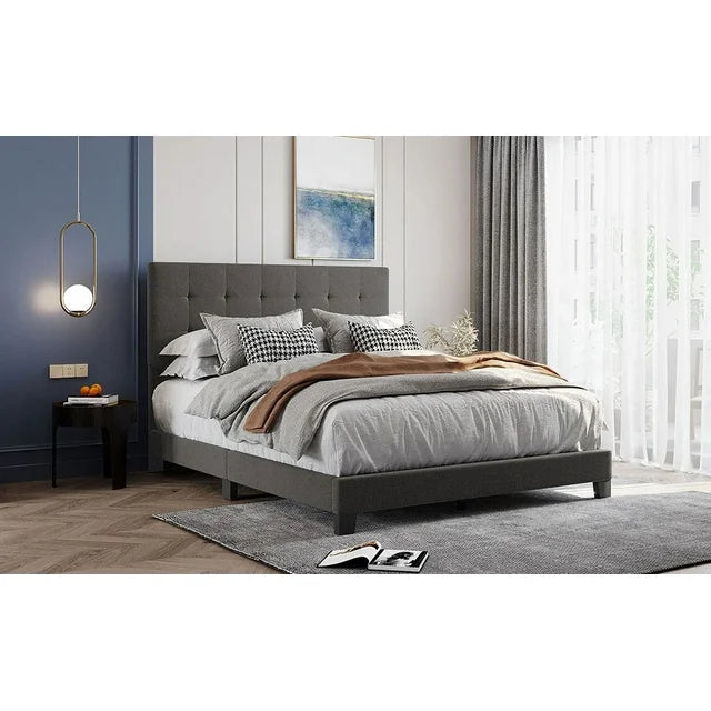 Queen-Size Upholstered Bed Frame, Grey Button Tufted Platform Queen Bed Frame with Headboard, Linen Fabric Bed Frame with Wood Slat Support, Box Spring Needed, Easy Assembly, 500lbs, Grey, SS689