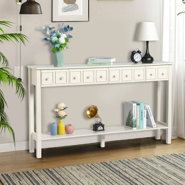 Tall Entryway Table with Bottom Shelf, SEGMART Entryway Sofa Table with 4 Drawers, Accent Buffet Sideboard Desk Table with Solid Wood Frame, 144lbs, Ivory White, SS1209