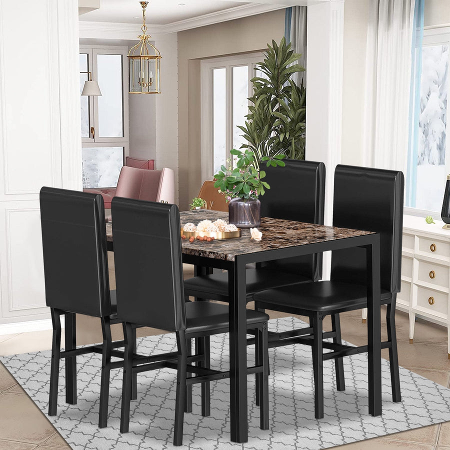 Dining Table Mats Set for 4, SEGMART Dinette Set Faux Marble Rectangular Breakfast Table with Metal Legs & Black Finish Frame, Dining Table & Chairs for Apartment Breakfast, Coffee, S12517