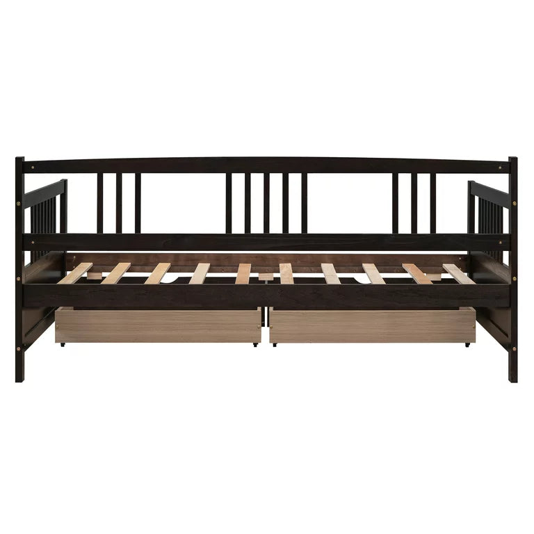 Twin Daybed Bed, SEGMART Captain Sofa Bed with 2 Storage Drawers, Wood Twin Daybed Bed with 10 Slats Strong Support, Farmhouse Style Solid Wood Bedframe for Kid's Room, Teens, Espresso, SS2660