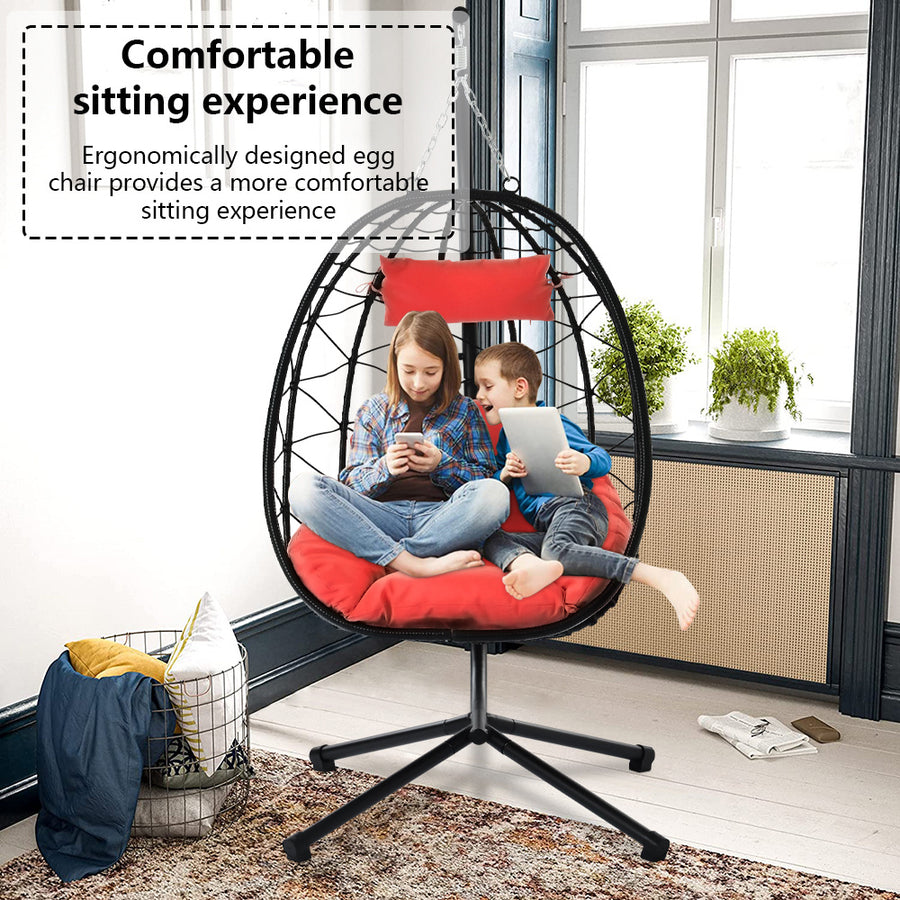 Clearance! Hanging Wicker Egg Chair, Outdoor Patio Hanging Chairs with Stand, UV Resistant Hammock Chair with Comfortable Red Cushion, Durable Indoor Swing Egg Chair for Garden, Backyard, L3952