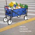 Grocery Cart with Wheels, Collapsible Outdoor Utility Wagon with All-Terrain Wheels, Heavy Duty Beach Wagon with Drink Holder, Blue Folding Wagon for Shopping, Yard, Camping, 150 Pound Capacity