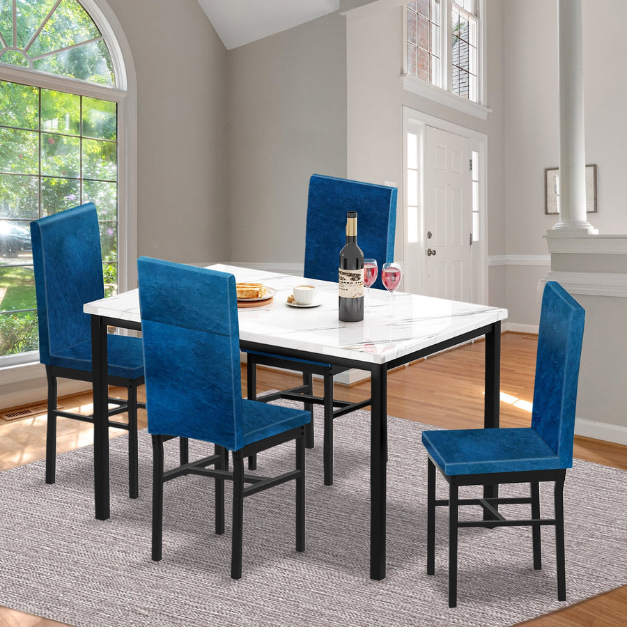 Kitchen Table and 4 Chairs Set, Metal Kitchen Table Sets Faux Marble Rectangular Breakfast Table w/Metal Legs & Black Finish Frame, Dining Table Sets for an Apartment Breakfast, SS1308