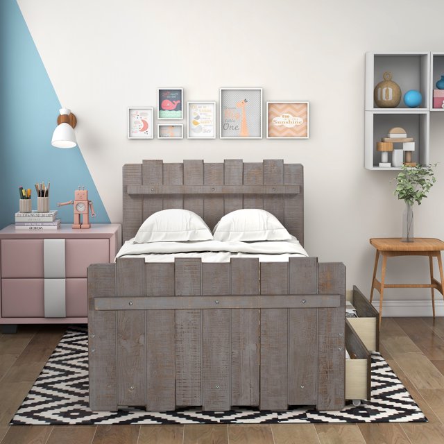 Wood Twin Bed Frame, SEGMART Stylish Kids Platform Twin Bed with 2 Storage Drawers and Headboard and Footboard, Bed Frame Mattress Foundation, Wood Slat Support for Teens, 300lbs, White, SS901