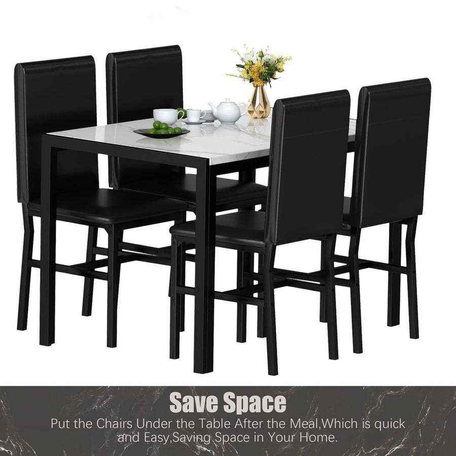 5 Piece Modern Dining Table Sets, Metal Dinette Set Faux Marble Rectangular Breakfast Table with Metal Legs & Black Finish Frame, Dining Table & Chairs for Apartment or Breakfast Nook, SS1264