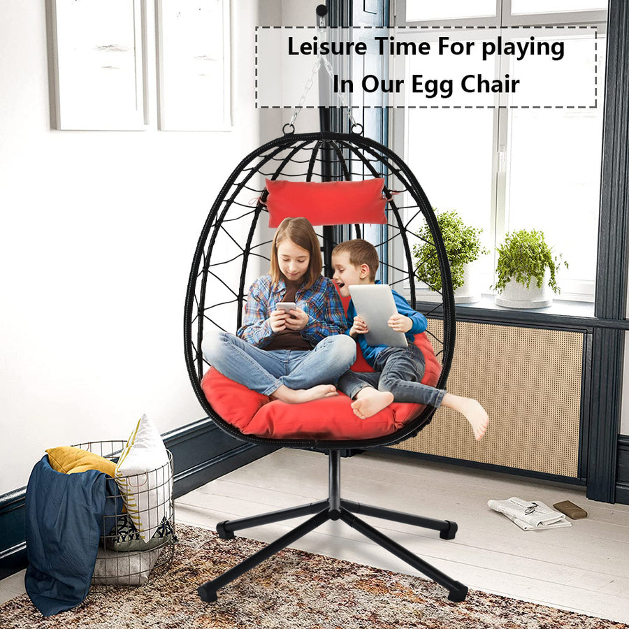 Clearance! Hanging Wicker Egg Chair, Outdoor Patio Hanging Chairs with Stand, UV Resistant Hammock Chair with Comfortable Red Cushion, Durable Indoor Swing Egg Chair for Garden, Backyard, L3952