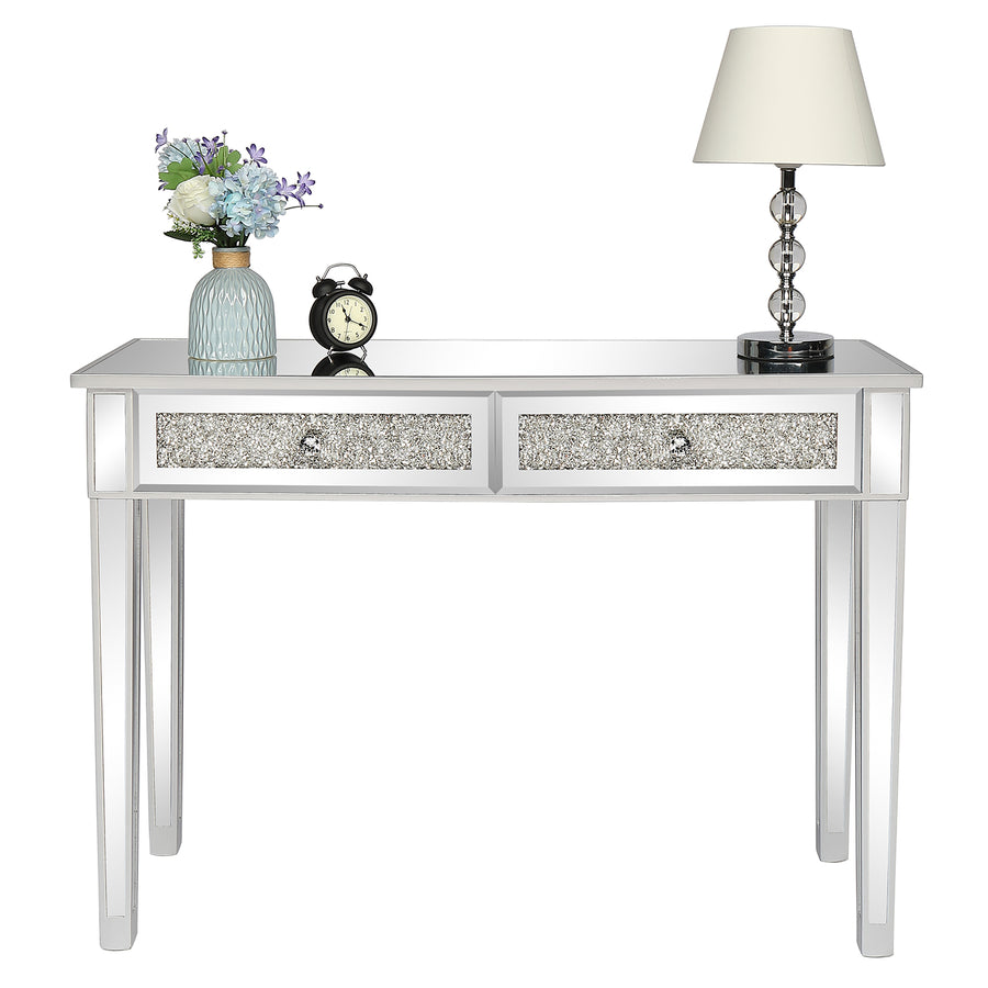 42” Mirrored Console Table with 2 Drawers for Entryway/Hallway, Silver Bedroom Desk Mirror Makeup Table Sofa Tables with Crystal for Living Room