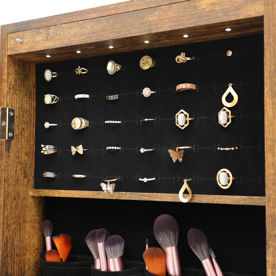6 LEDs Mirror Jewelry Cabinet, Wall Door Mounted Jewelry Organizer Box, Jewelry Armoire Cabinet with Full Length Mirror, Lockable Jewelry Mirror Organizer with 2 Drawers, Bracelet Rod, Girl's Gift
