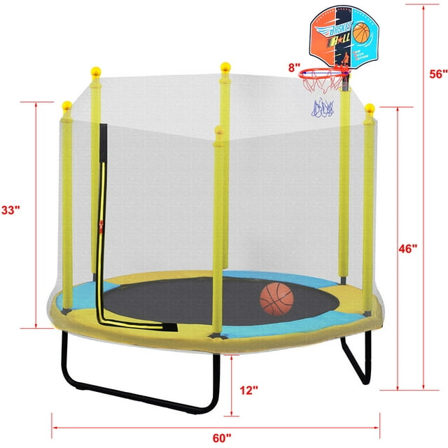 Mini Trampoline for Kids, 60" Portable Small Toddler Trampoline with Basketball Hoop, Durable and Safe Rebounder Trampoline for Kid Exercise, Outdoor Indoor Exercise Trampoline, Yellow, L3702