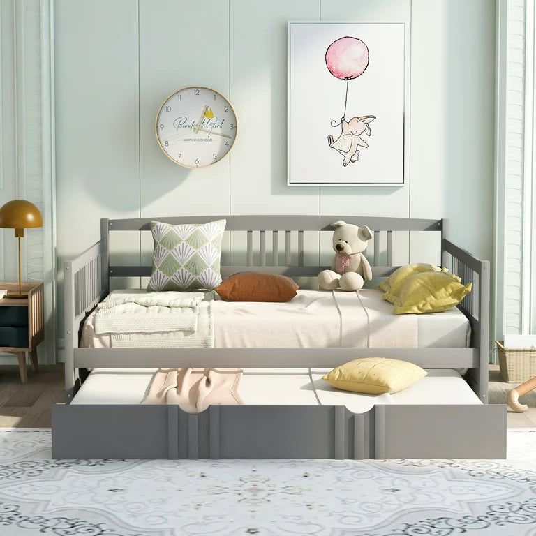 SEGMART Captain’s Bed, Modern Daybed Bed with Twin Size Trundle, Full Solid Wood Trundle Bed with Headboard and Footboard, Full Daybed Bed for Kid's Room, Teens, Grey, 200lbs, Grey, S333