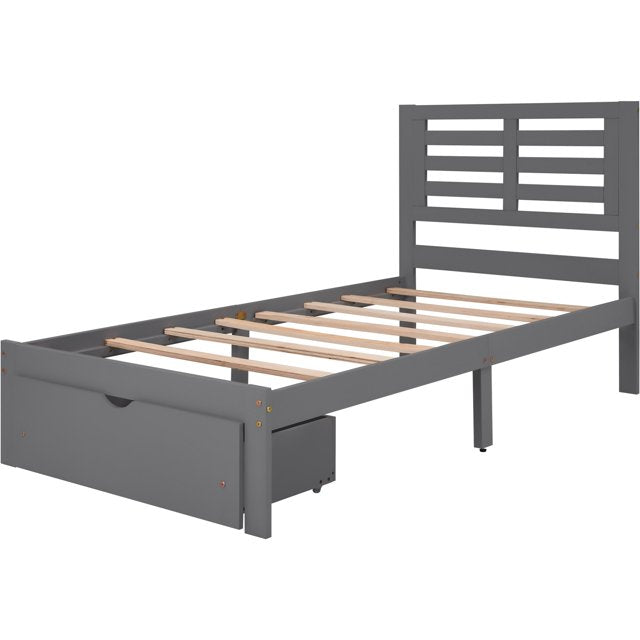 Platform Bed, Twin Mattress Foundation Bed Frame with Drawers, Elegant Twin Size Wood Kids Bed Frame with Headboard, No Box Spring Needed / Wood Slat Support, White, SS996