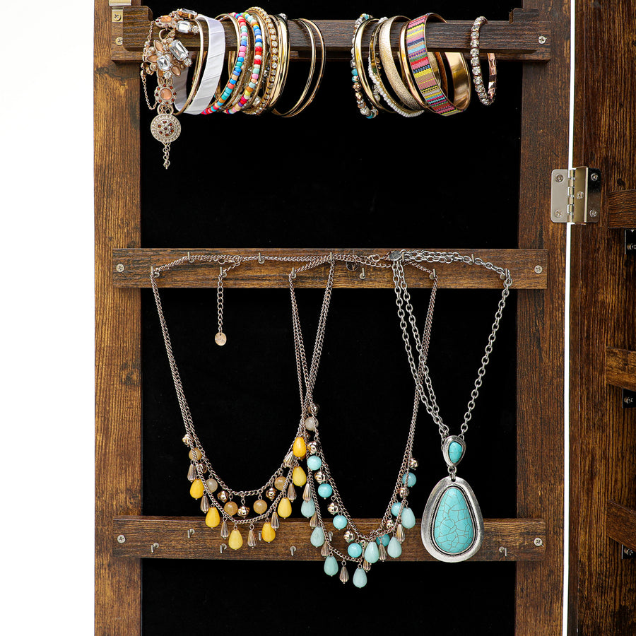 6 LEDs Mirror Jewelry Cabinet, Wall Door Mounted Jewelry Organizer Box, Jewelry Armoire Cabinet with Full Length Mirror, Lockable Jewelry Mirror Organizer with 2 Drawers, Bracelet Rod, Girl's Gift