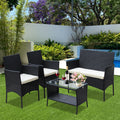 SEGMART Outdoor Patio Furniture Set, 4 Piece Modern Rattan Wicker Patio Conversation Set, Glass Table Top Cushioned Sofa Set for Yard, Pool or Backyard, Beige