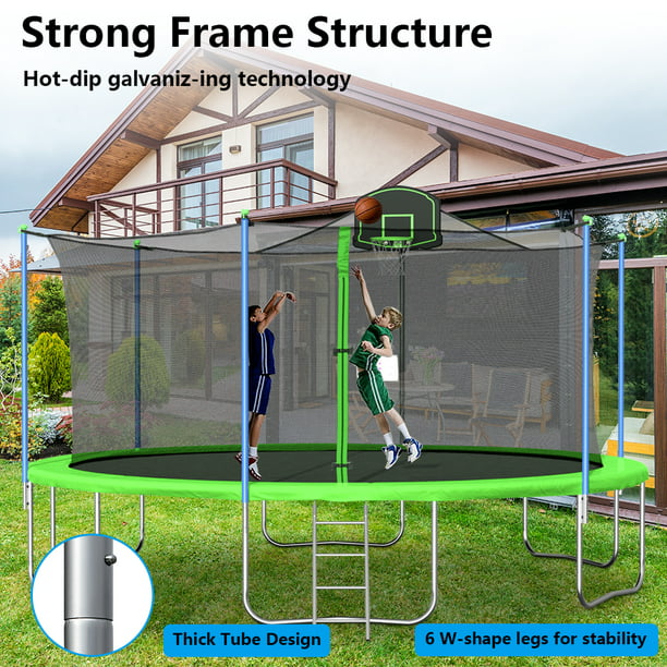 SEGMART Trampoline for Kids, New Upgraded 16 Feet Outdoor Trampoline with Safety Enclosure Net, Basketball Hoop and Ladder, Heavy-Duty Green Round Trampoline for Outdoor Backyard, Capacity 330lbs, L