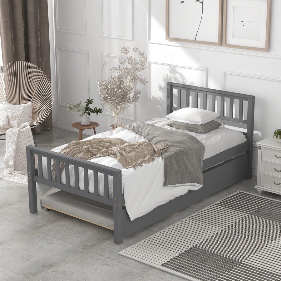 Twin Size Bed with Trundle, Twin Size Bed Frame for Girls Boys, SEGMART Wooden Twin Bed Frame with Headboard and Footboard/Wood Slat Support, Kids Twin Bed Frame No Box Spring Needed, Grey, H708