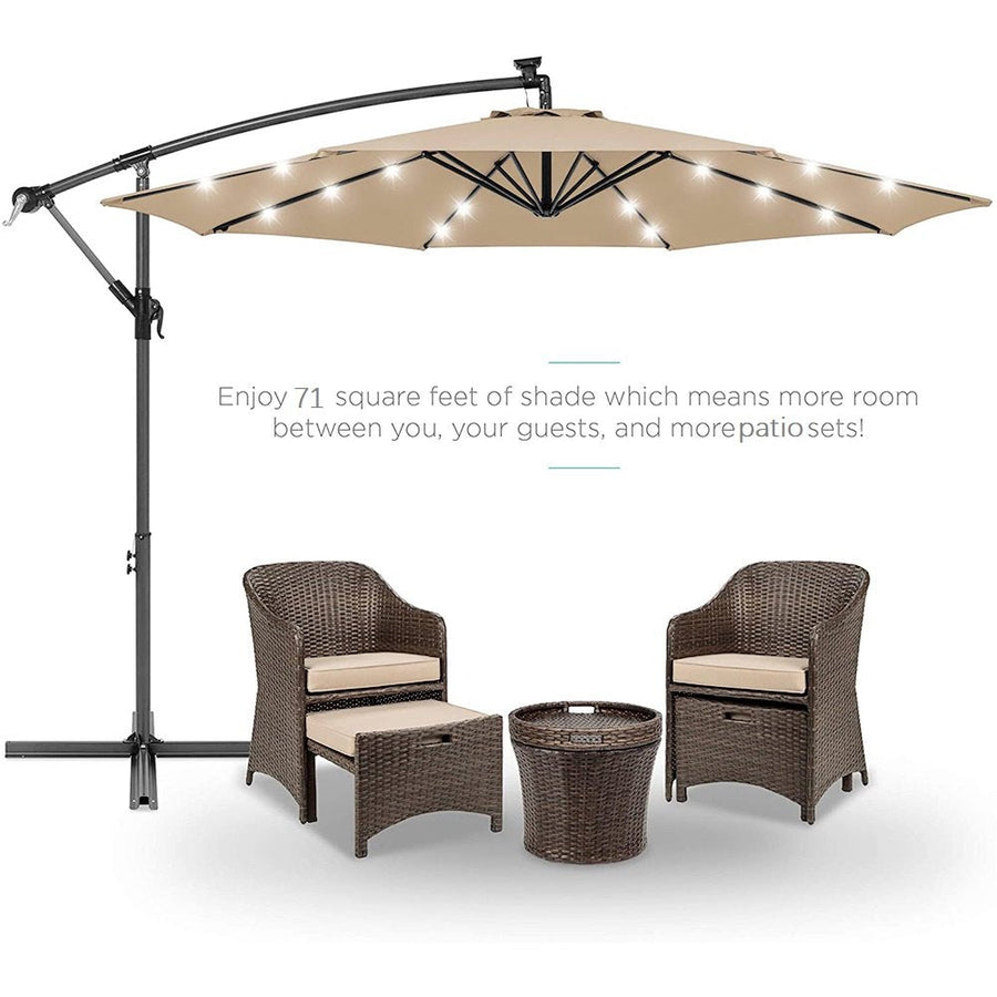 Outdoor Umbrella with Lights, 10FT Solar LED Offset Patio Umbrella, Hanging Cantilever Market Patio Umbrella with Crank, Cross Base, Backyard Offset Umbrella for Garden Pool Deck, L6085