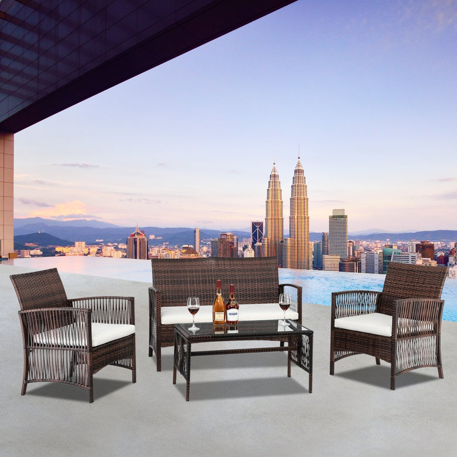 Wicker Patio Sets, 4 Piece Outdoor Conversation Set with Glass Dining Table, Loveseat & 2 Cushioned Chairs, Brown Patio Furniture Sets with Coffee Table for Yard, Porch, Garden, Poolside, L