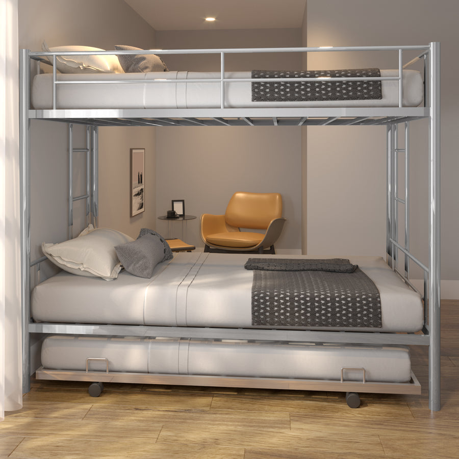 Bunkbed with Roll Out Trundle Bed Frame, Metal Bunk Bed Can Be Divided Into Two Twin Beds, Trundle Twin Bunk Bed with Ladders and Guardrails for Guest Room, Space Saving Bedroom Furniture, B21
