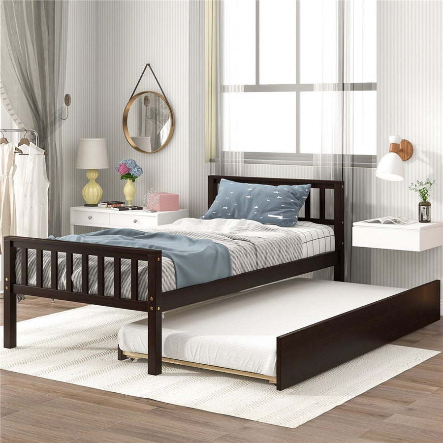 Twin Bed Frame No Box Spring Needed, SEGMART Twin Bed Frame with Trundle, Twin Bed Frames for Kids/Adults/Teens, Twin Size Platform Bed Frame with Headboard/Wood Slat Support, Espresso, LLL4673