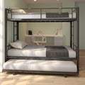 Bunkbed with Roll Out Trundle Bed Frame, Metal Bunk Bed Can Be Divided Into Two Twin Beds, Trundle Twin Bunk Bed with Ladders and Guardrails for Guest Room, Space Saving Bedroom Furniture, B21